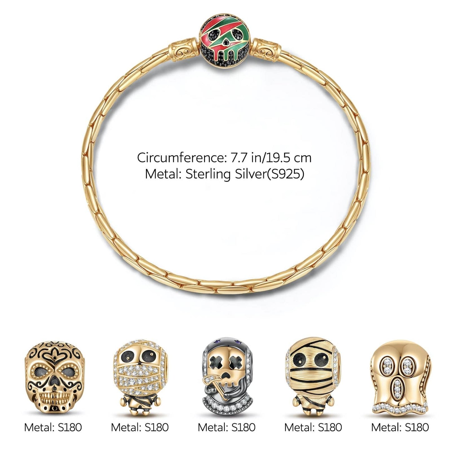 Sterling Silver The Spooky Family Charms Bracelet Set With Enamel In 14K Gold Plated (Includes bracelet and all charms shown)