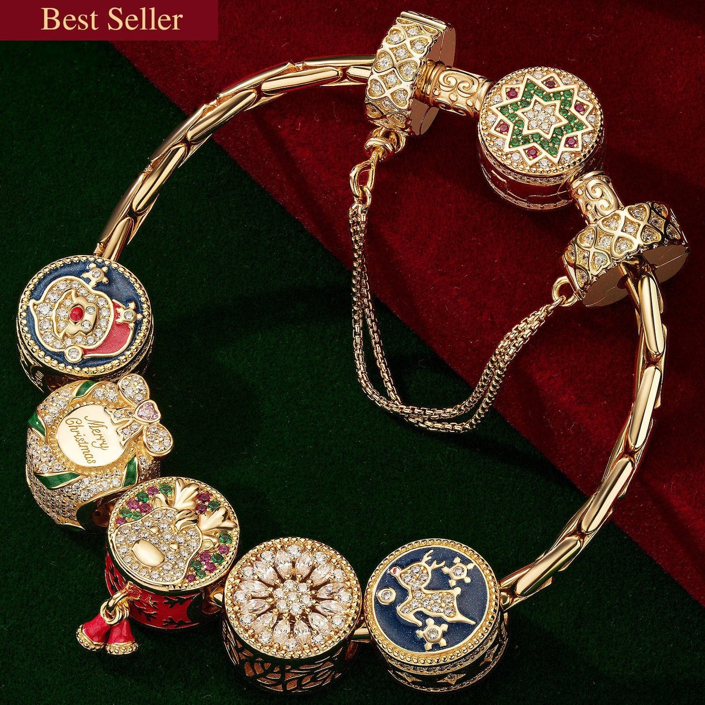 Sterling Silver Colorful Christmas Charms Bracelet Set With Enamel In 14K Gold Plated (Includes bracelet and all charms shown)