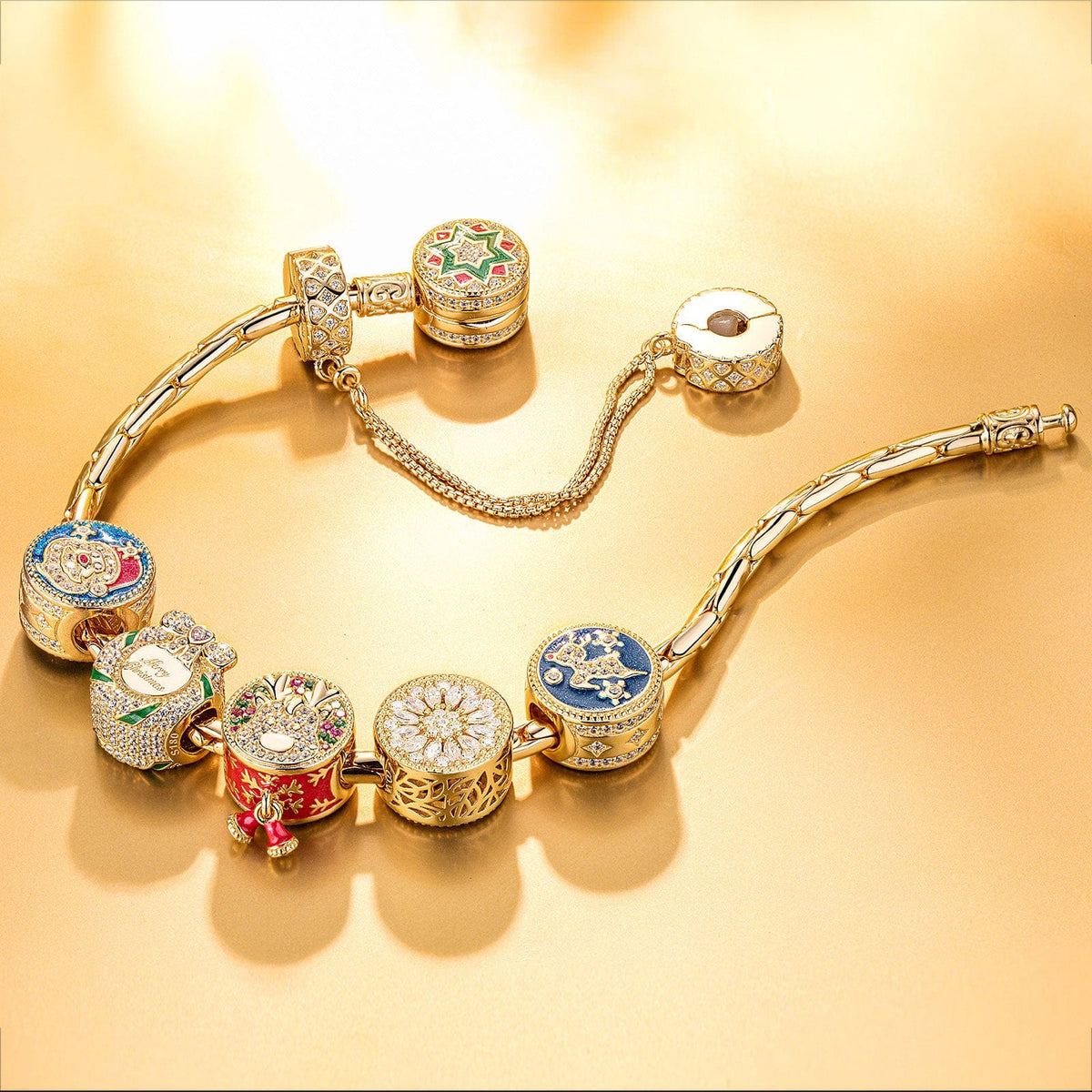 Sterling Silver Colorful Christmas Charms Bracelet Set With Enamel In 14K Gold Plated (Includes bracelet and all charms shown)