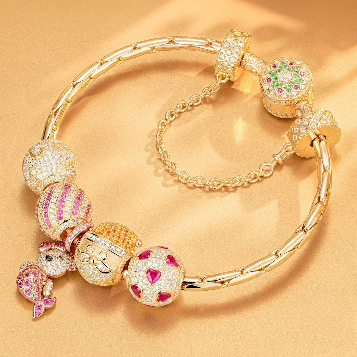 Sterling Silver Colourful Christmas Charms Bracelet Set In 14K Gold Plated (Includes bracelet and all charms shown)