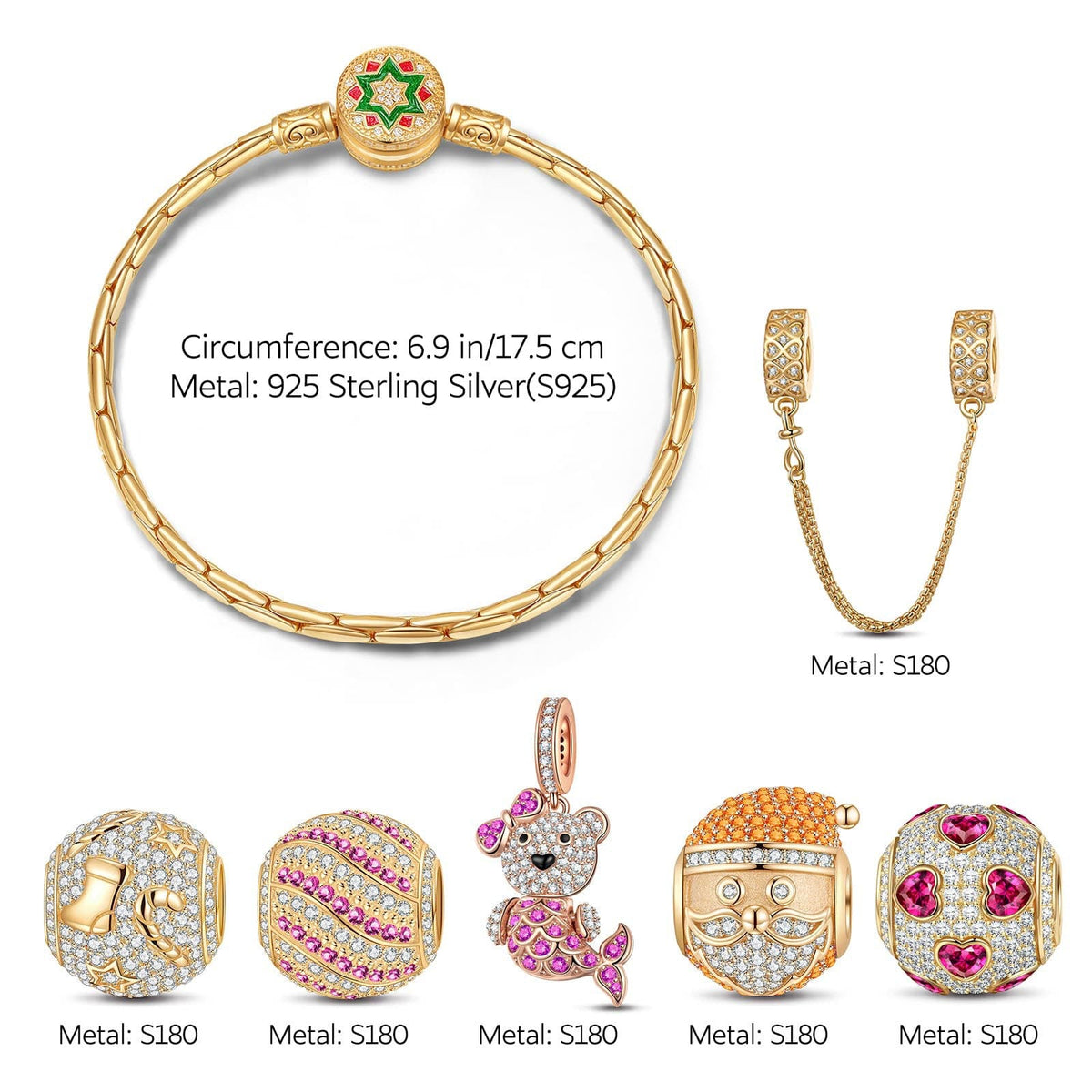 Sterling Silver Colourful Christmas Charms Bracelet Set In 14K Gold Plated (Includes bracelet and all charms shown)