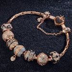 Sterling Silver Rose Love Bamboo Chain Charms Bracelet Set With Enamel In Rose Gold Plated (Includes bracelet and all charms shown)