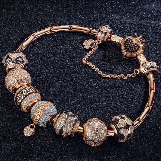 gona- Sterling Silver Rose Love Bamboo Chain Charms Bracelet Set With Enamel In Rose Gold Plated (Includes bracelet and all charms shown)