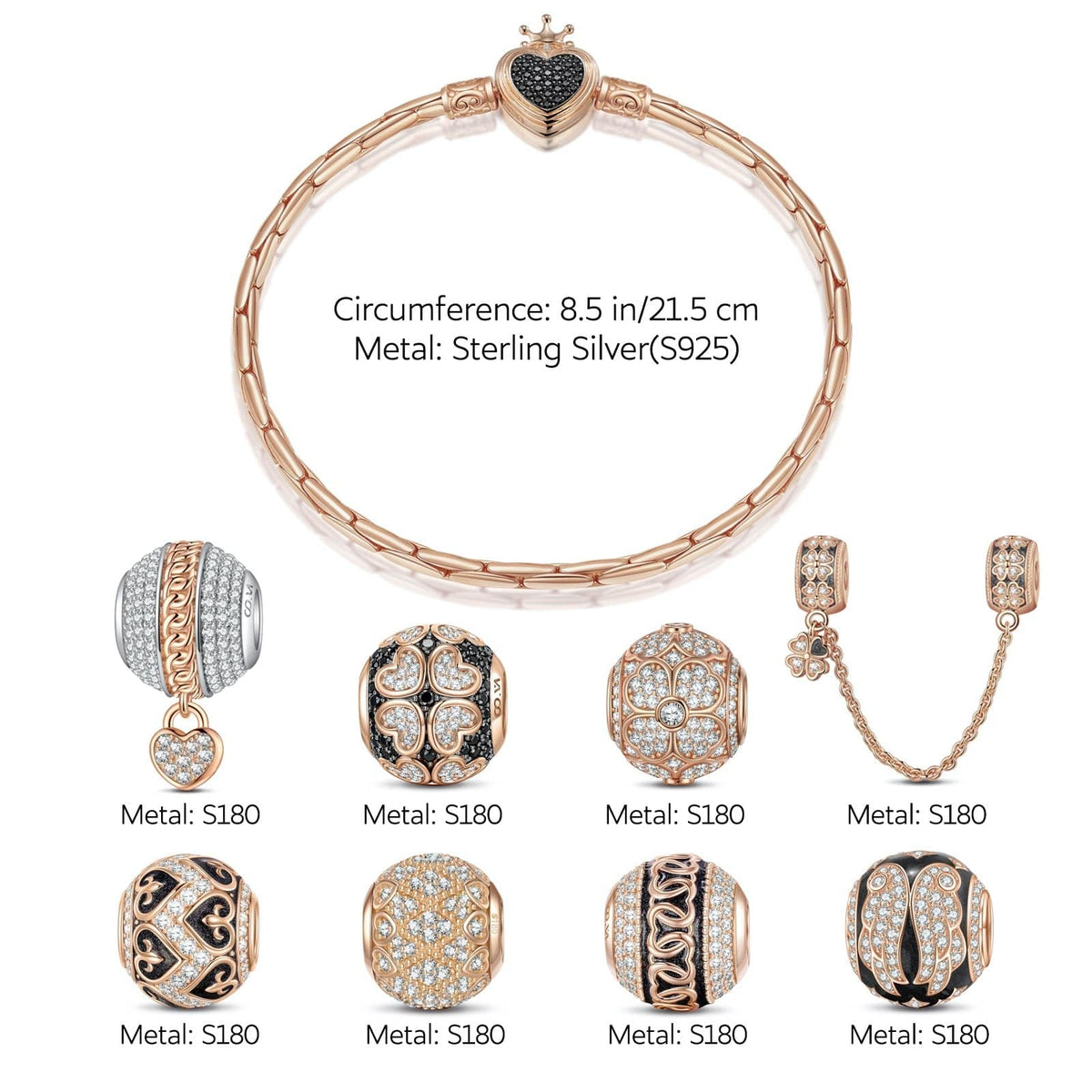 Sterling Silver Rose Love Bamboo Chain Charms Bracelet Set With Enamel In Rose Gold Plated (Includes bracelet and all charms shown)