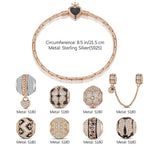 Sterling Silver Rose Love Bamboo Chain Charms Bracelet Set With Enamel In Rose Gold Plated (Includes bracelet and all charms shown)