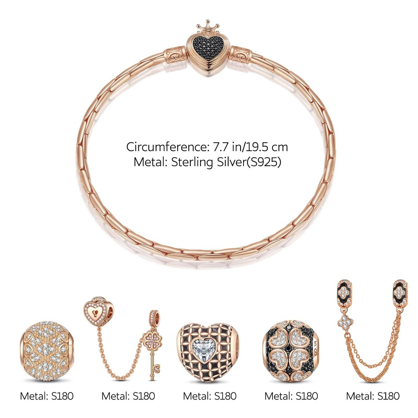 Sterling Silver Valentine's Day Charms Bracelet Set With Enamel In Rose Gold Plated (Includes bracelet and all charms shown)