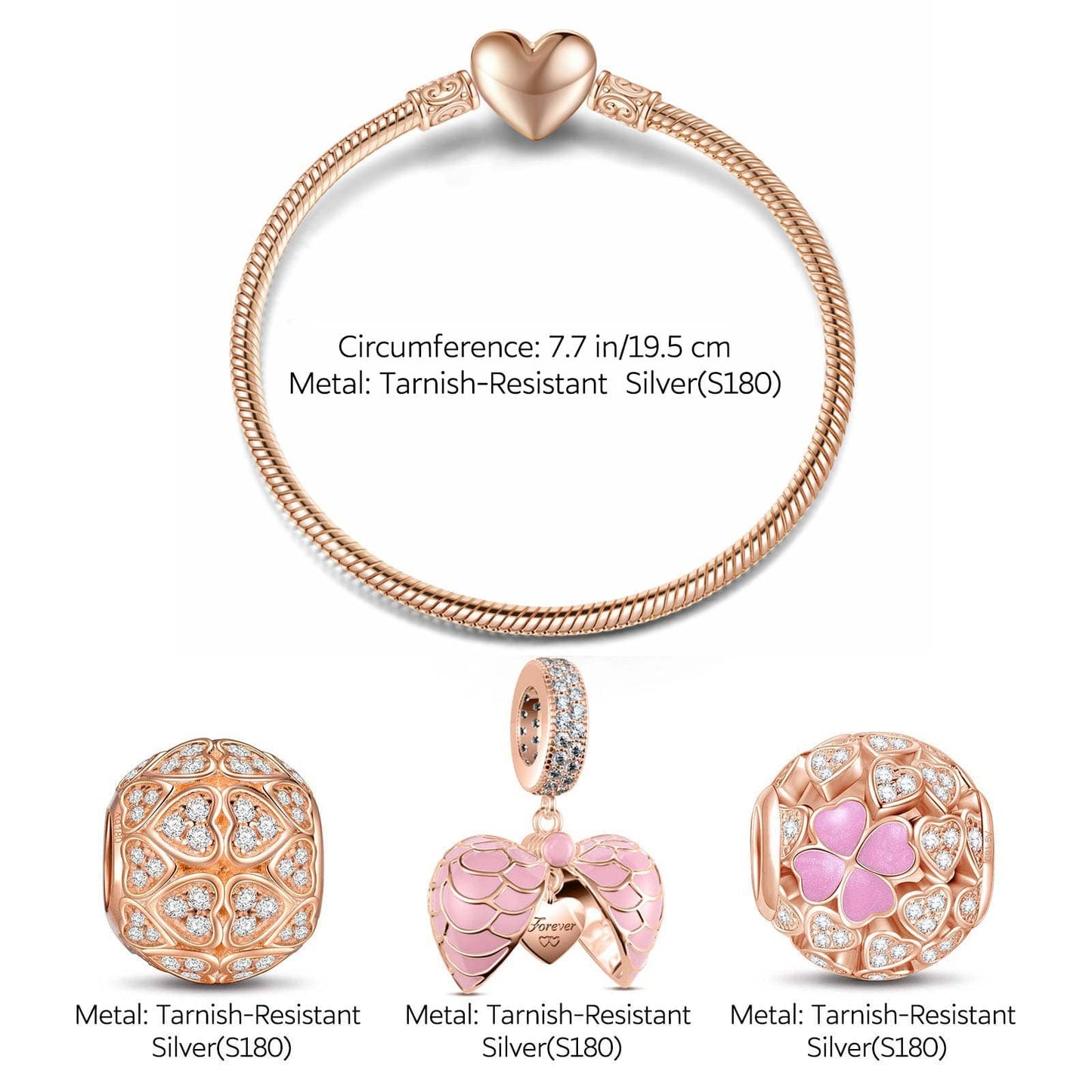 Lucky Love Tarnish-resistant Silver Charms Bracelet Set With Enamel In Rose Gold Plated (Includes bracelet and all charms shown)