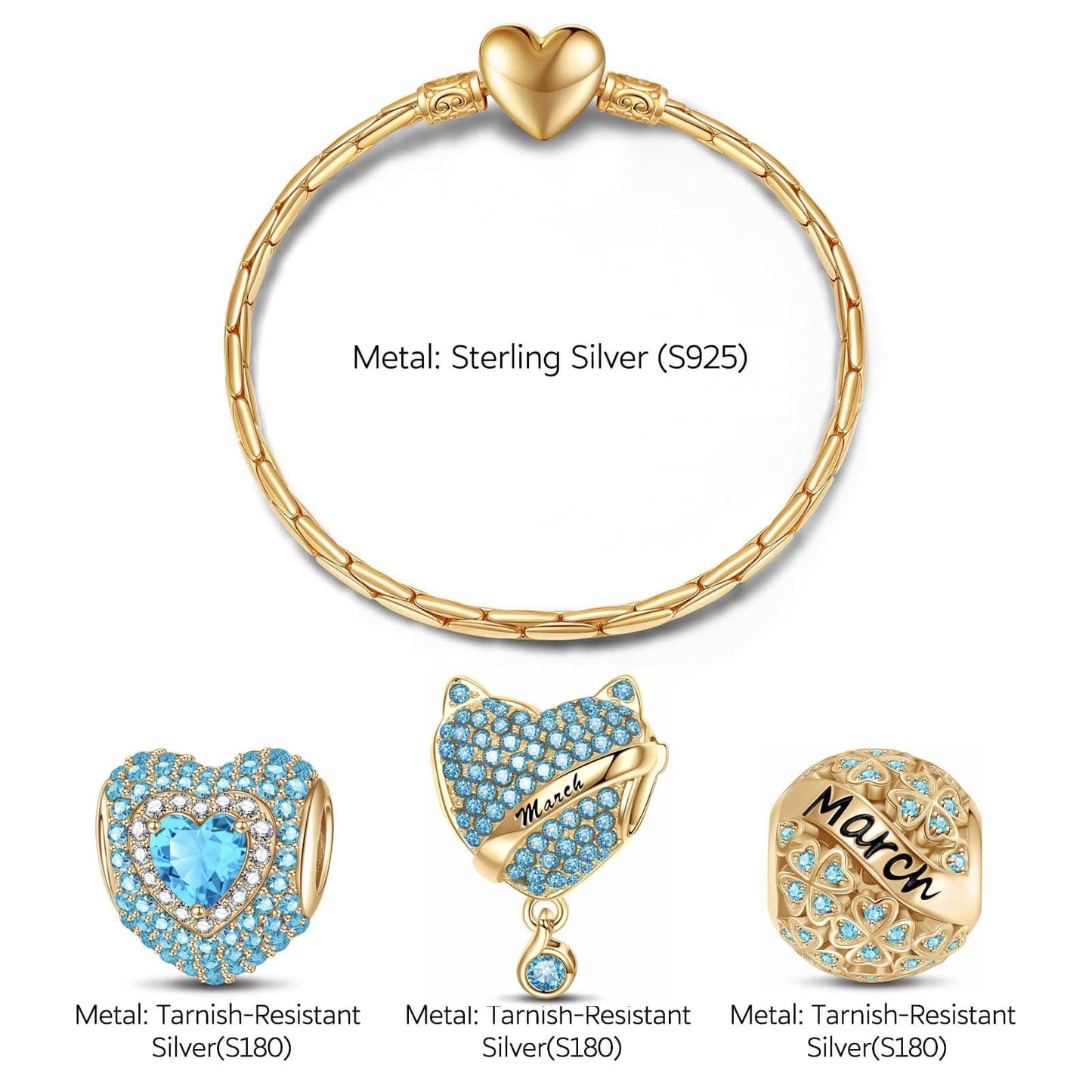 Sterling Silver March Birthday Stone Charms Bracelet Set In 14K Gold Plated (Includes bracelet and all charms shown)