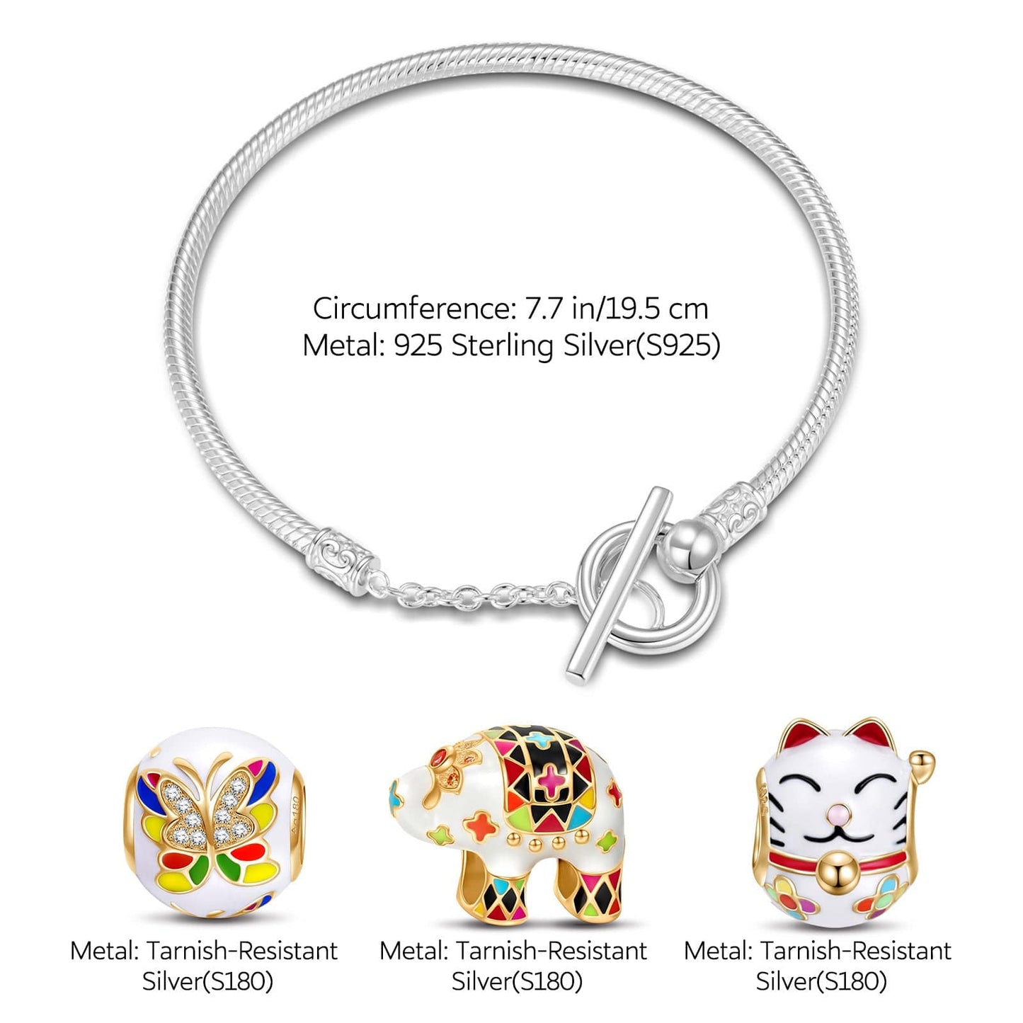 Sterling Silver Animals Party Charms Bracelet Set With Enamel In White Gold Plated (Includes bracelet and all charms shown)
