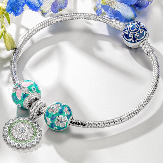 gona- Sterling Silver Mystic Meadows Charms Bracelet Set With Enamel In White Gold Plated (Includes bracelet and all charms shown)
