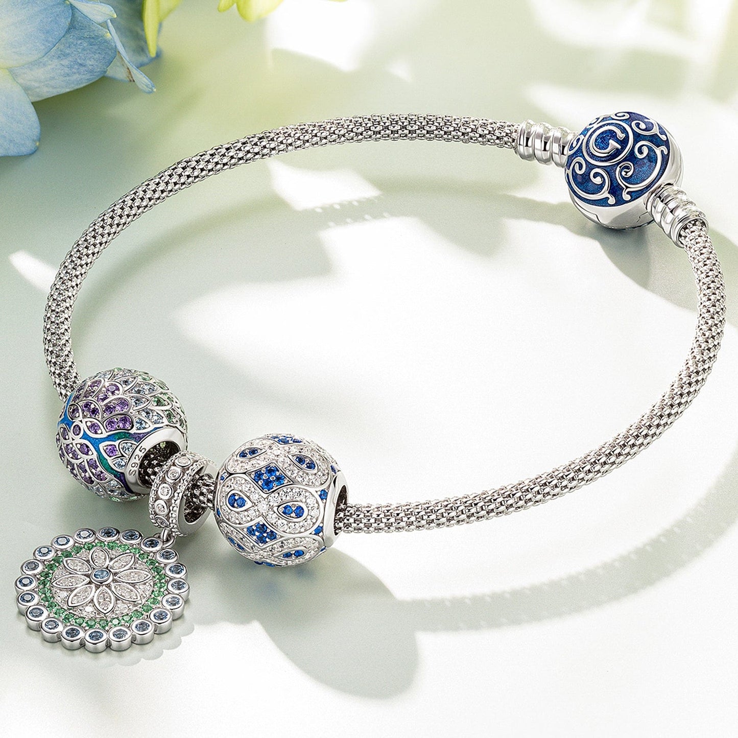 Sterling Silver Infinite Spring Charms Bracelet Set With Enamel In White Gold Plated (Includes bracelet and all charms shown)