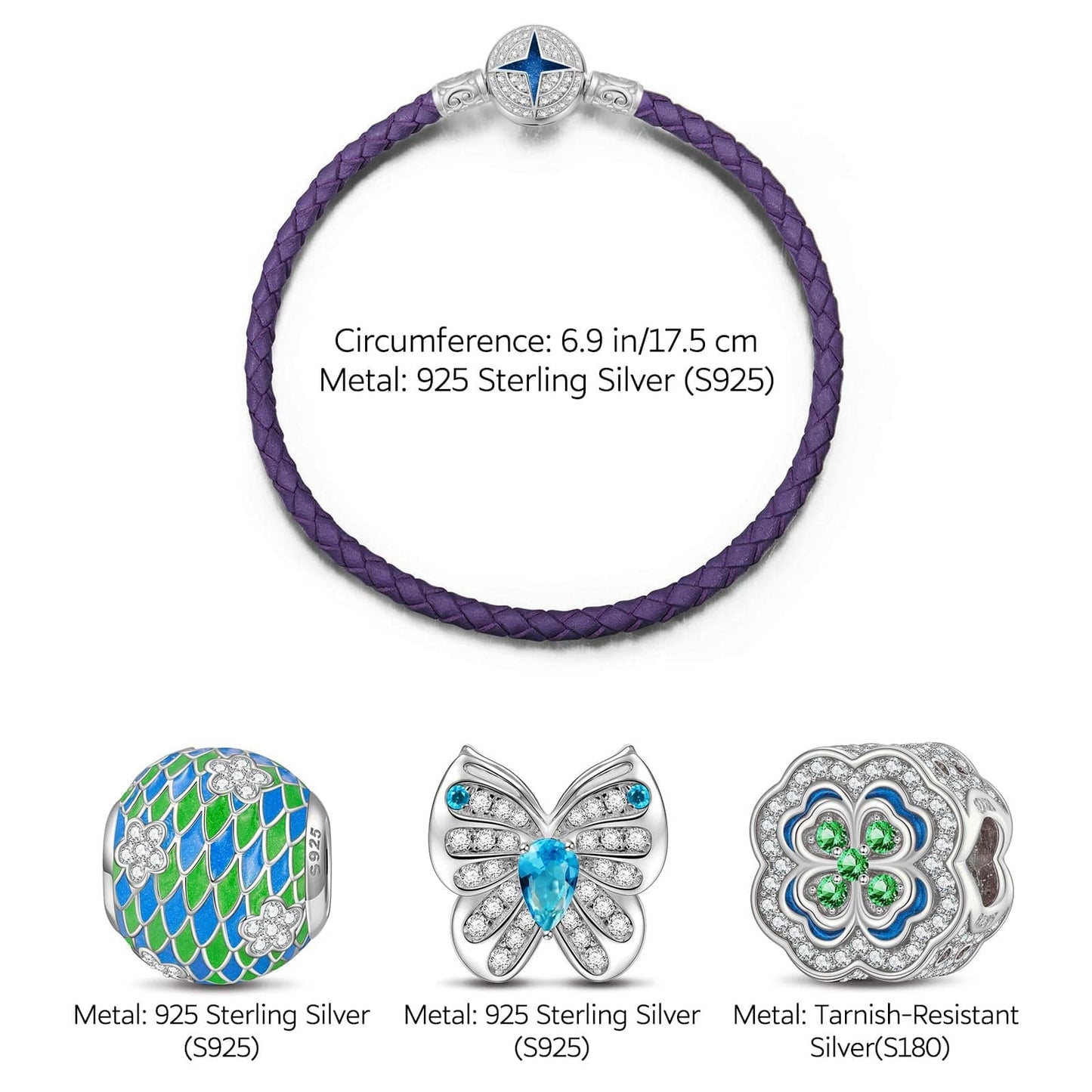 Sterling Silver Secret Garden Charms Bracelet Set With Enamel In White Gold Plated (Includes bracelet and all charms shown)