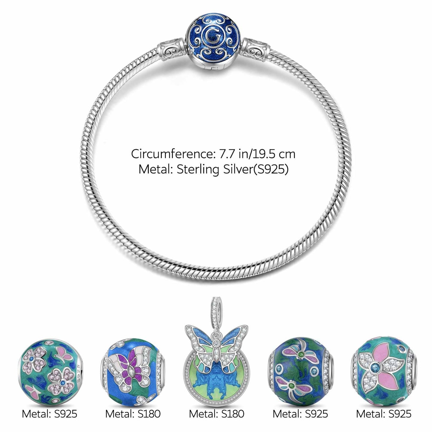 Sterling Silver Emerald Butterfly Dance Charms Bracelet Set With Enamel In White Gold Plated (Includes bracelet and all charms shown)
