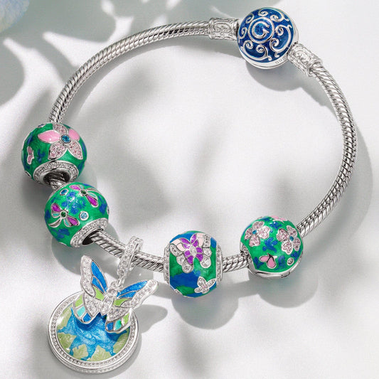 gona- Sterling Silver Emerald Butterfly Dance Charms Bracelet Set With Enamel In White Gold Plated (Includes bracelet and all charms shown)