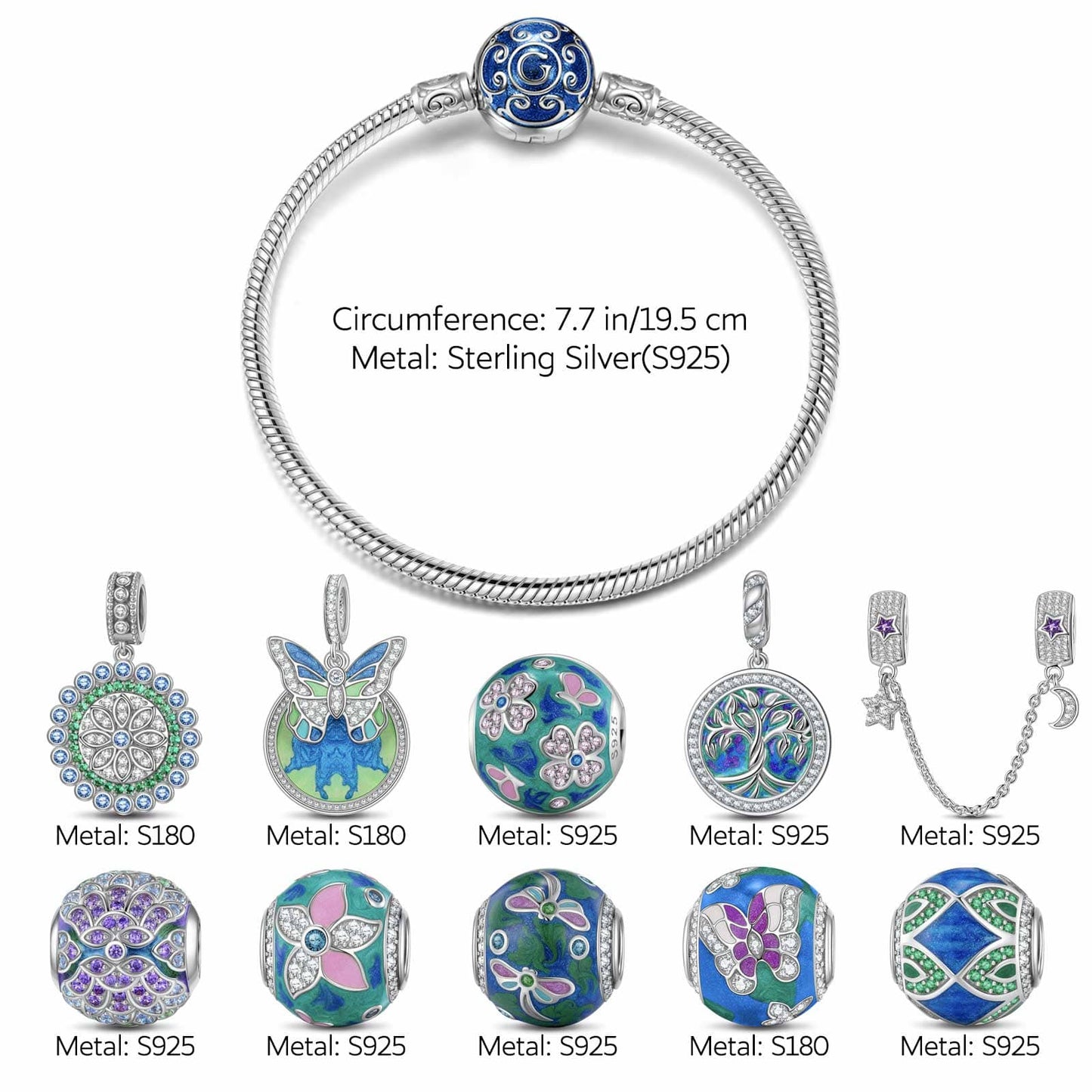 Sterling Silver Emerald Flutter Charms Bracelet Set With Enamel In White Gold Plated (Includes bracelet and all charms shown)