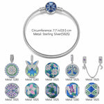 Sterling Silver Emerald Flutter Charms Bracelet Set With Enamel In White Gold Plated (Includes bracelet and all charms shown)