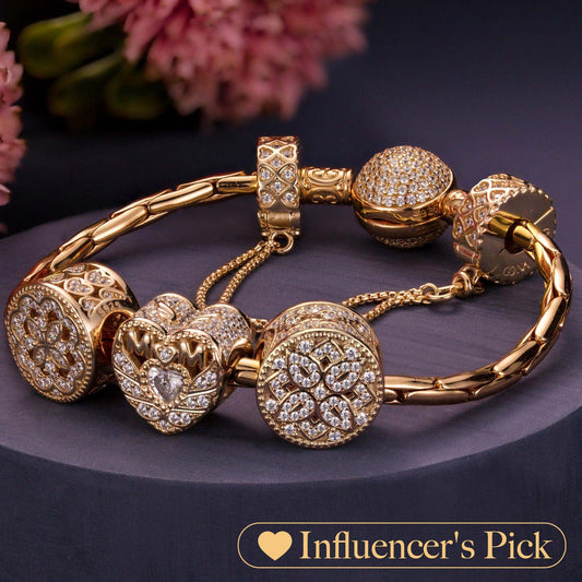 gona- Sterling Silver Golden Love for Mom Charms Bracelet Set In 14K Gold Plated (Includes bracelet and all charms shown)
