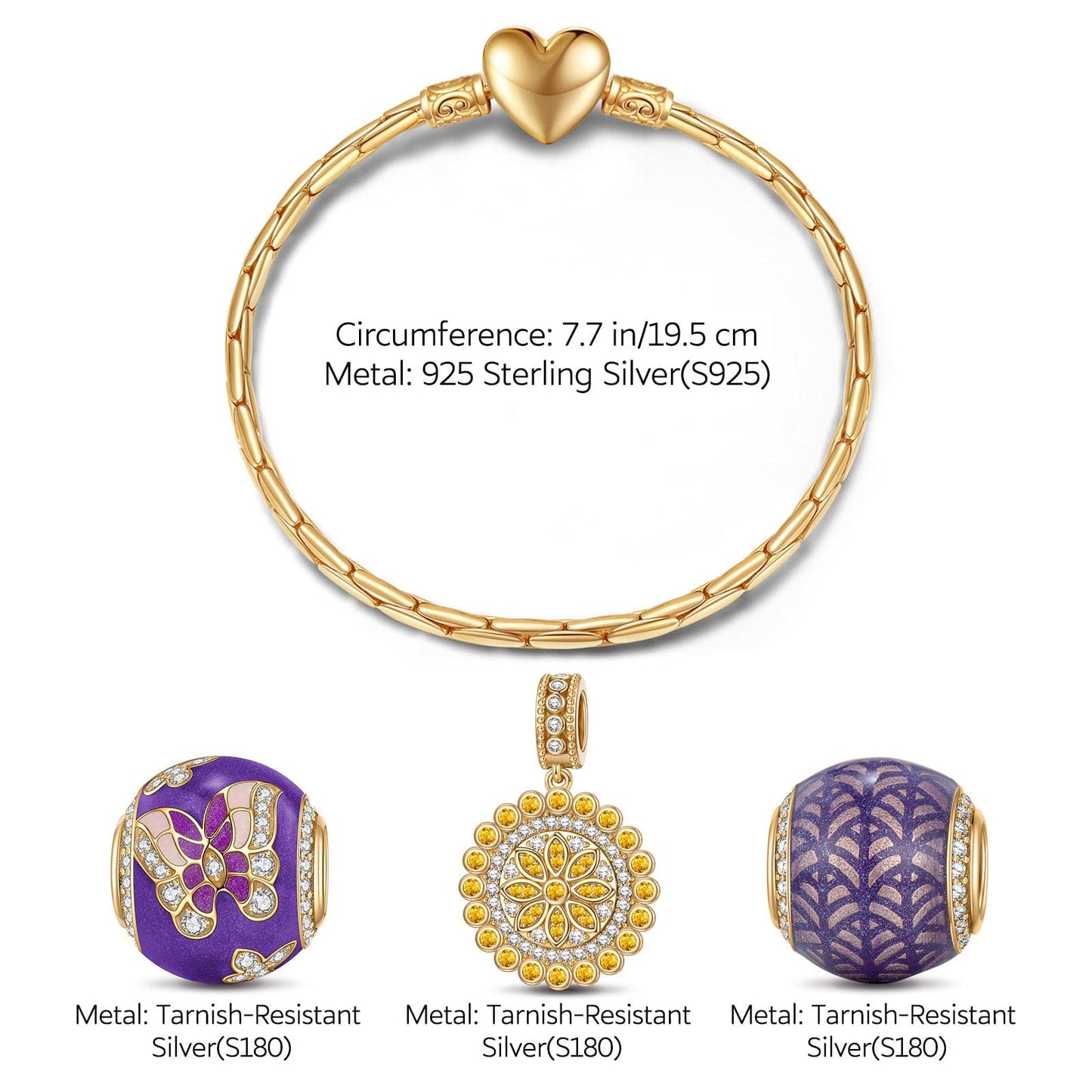 Sterling Silver Purple Story Charms Bracelet Set With Enamel In 14K Gold Plated (Includes bracelet and all charms shown)