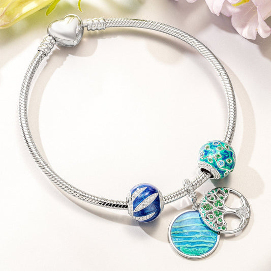 gona- Sterling Silver Peach Blossom Spring Charms Bracelet Set With Enamel In White Gold Plated (Includes bracelet and all charms shown)