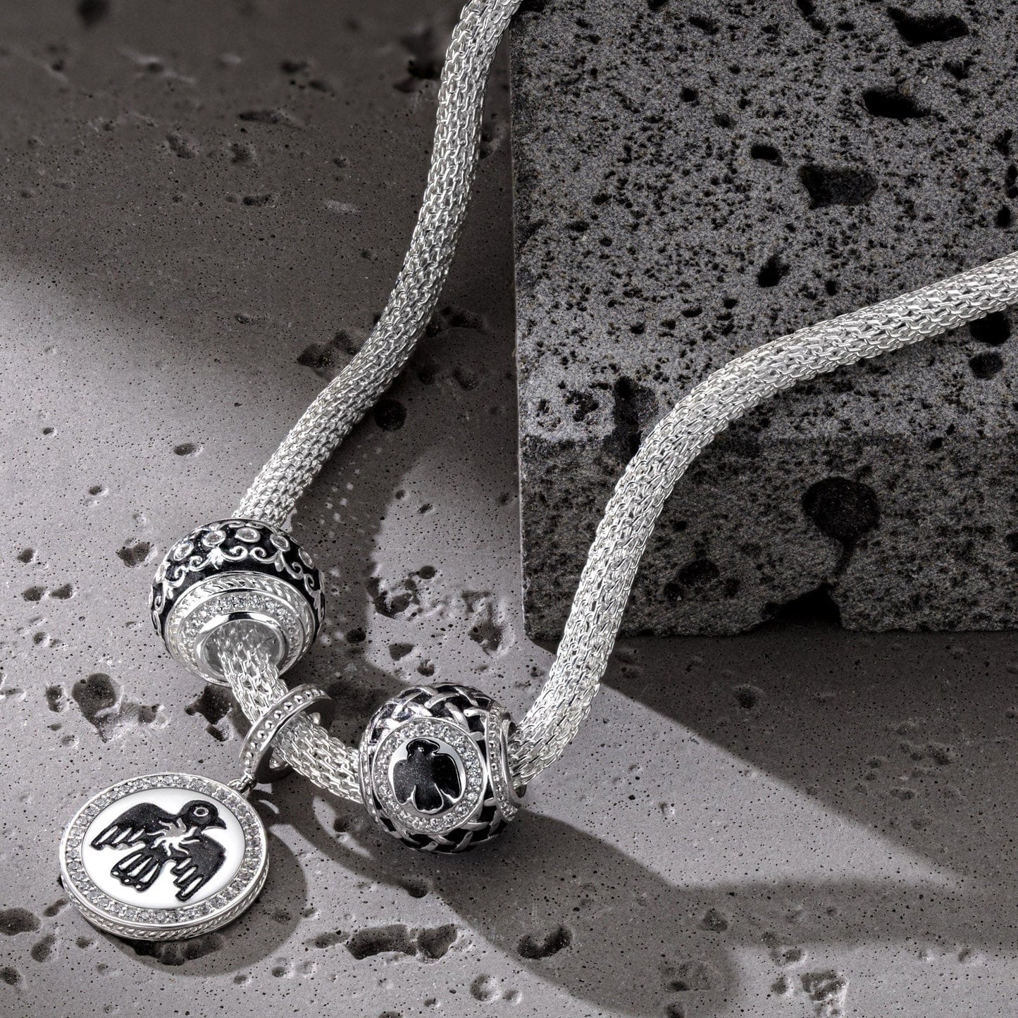 Sterling Silver Thunderbird and Iris Flower XL Size Charms Necklace Set With Enamel In White Gold Plated For Men