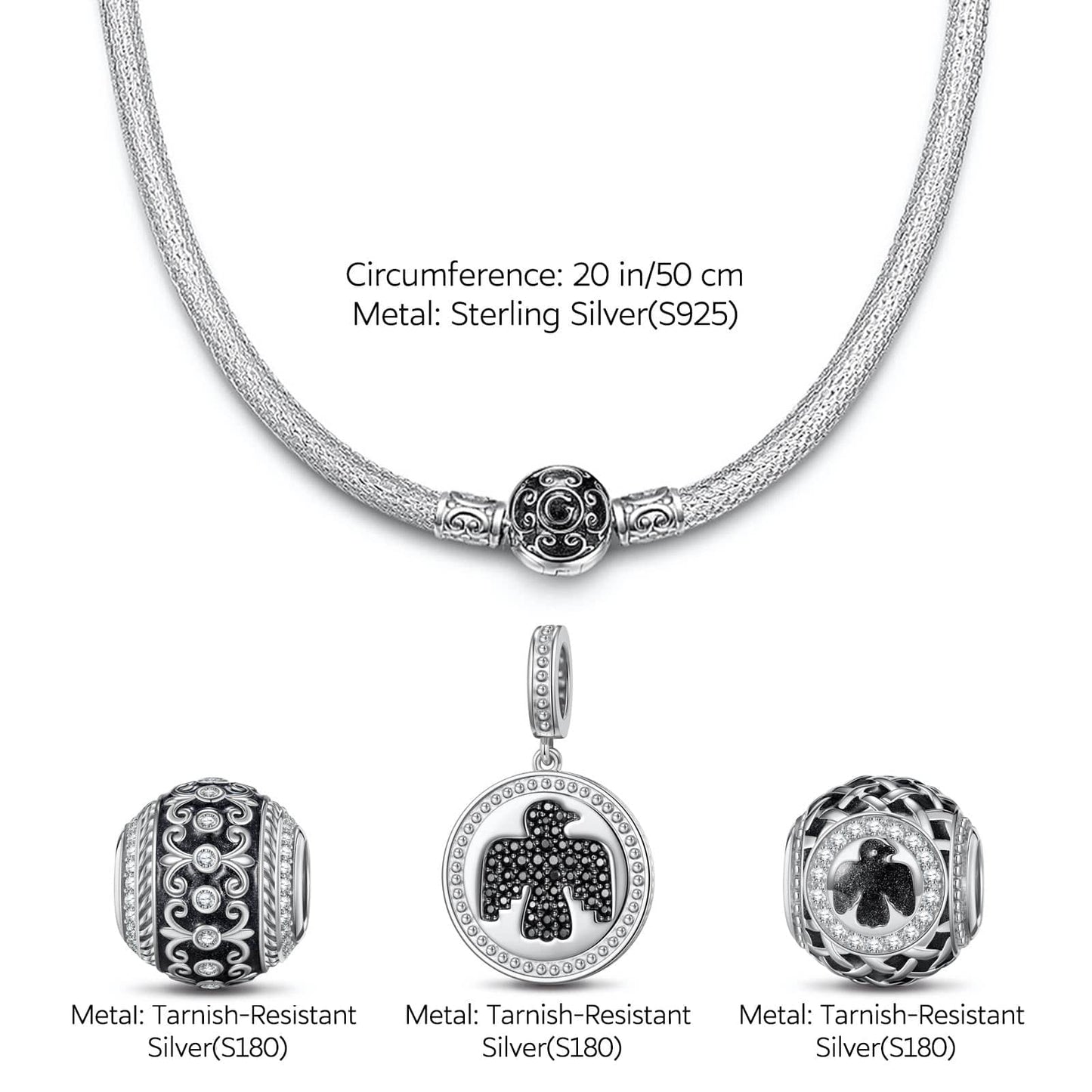 Sterling Silver Thunderbird and Iris Flower XL Size Charms Necklace Set With Enamel In White Gold Plated For Men