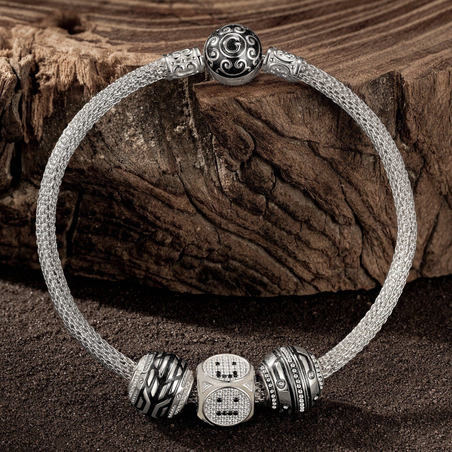 Sterling Silver XL Size Cyberpunk Charms Bracelet Set With Enamel In White Gold Plated For Men (Includes bracelet and all charms shown)