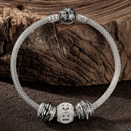 gona- Sterling Silver XL Size Cyberpunk Charms Bracelet Set With Enamel In White Gold Plated For Men (Includes bracelet and all charms shown)