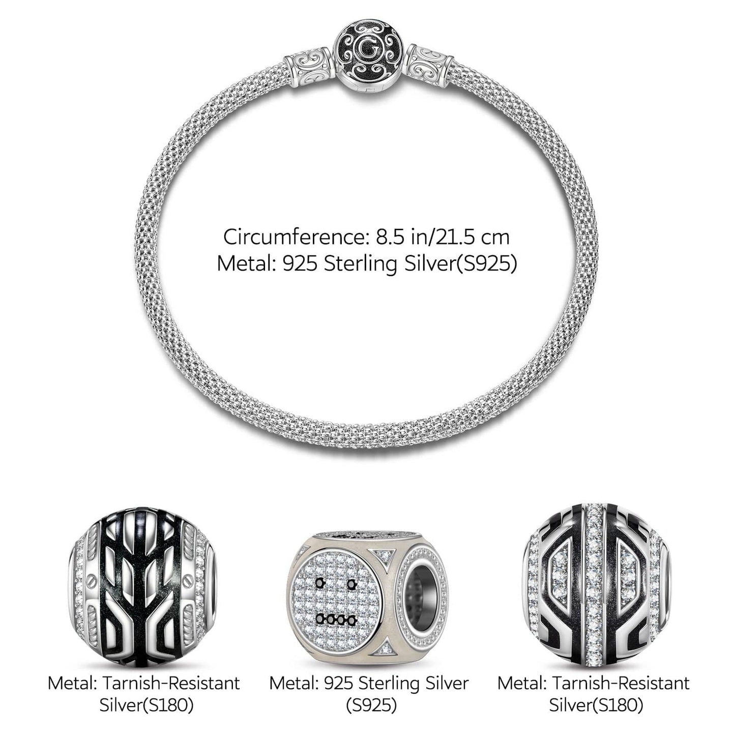 Sterling Silver XL Size Cyberpunk Charms Bracelet Set With Enamel In White Gold Plated For Men (Includes bracelet and all charms shown)