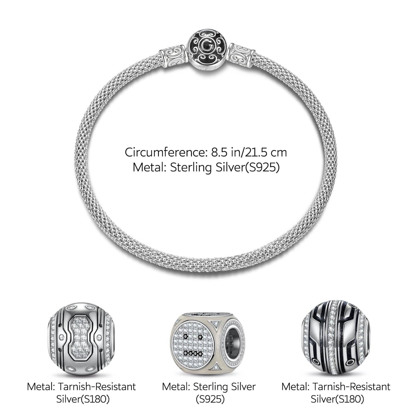 Sterling Silver XL Size TARS Charms Bracelet Set With Enamel In White Gold Plated For Men (Includes bracelet and all charms shown)