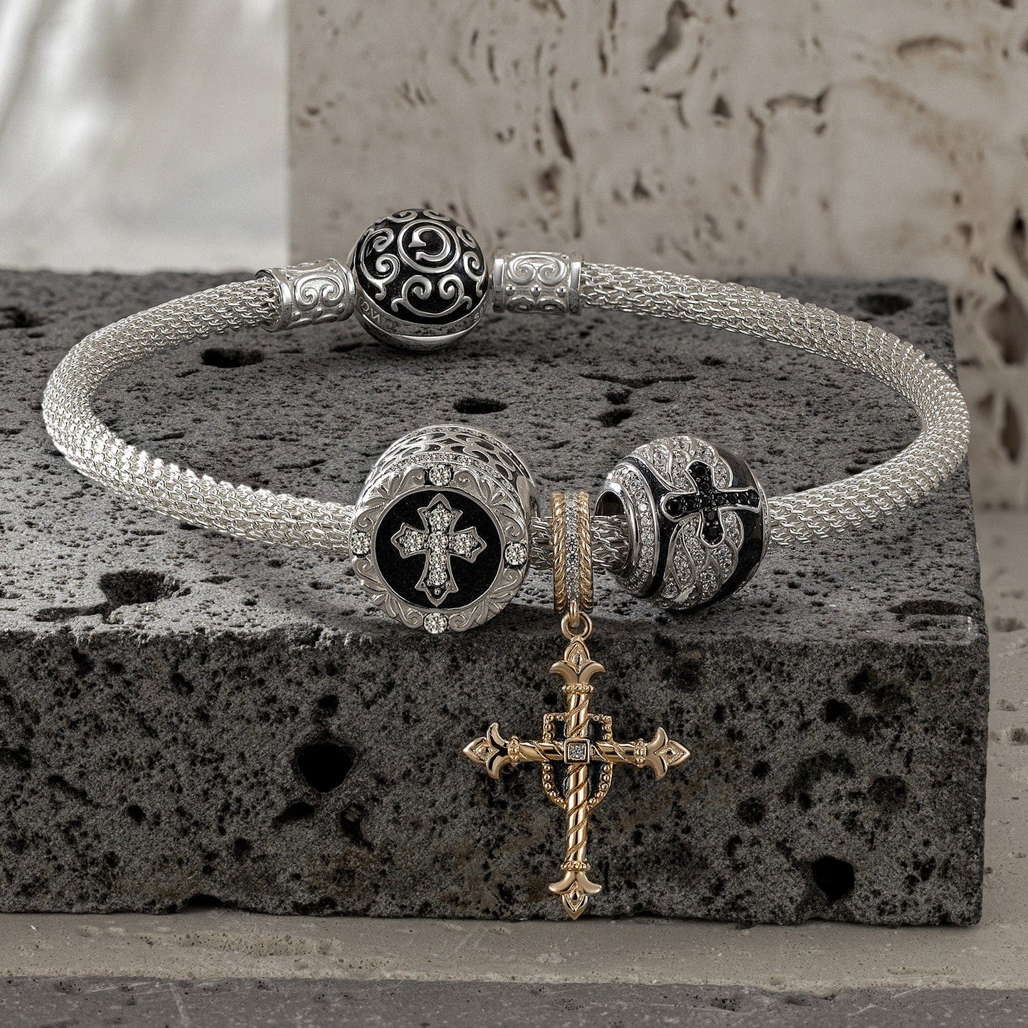 Sterling Silver XL Size The Eyes of God Charms Bracelet Set With Enamel In White Gold Plated For Men (Includes bracelet and all charms shown)