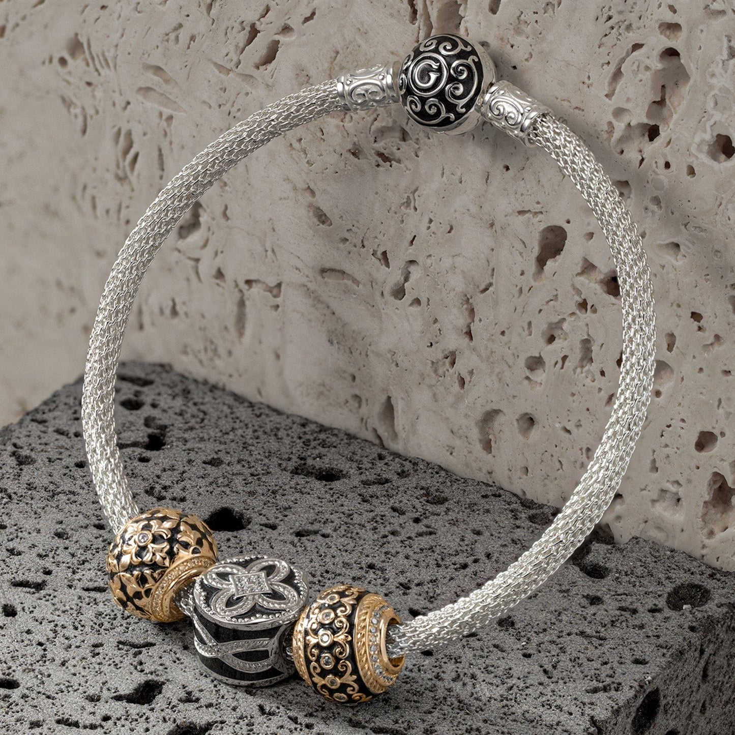 Sterling Silver XL Size Prosperity Charms Bracelet Set With Enamel In White Gold Plated For Men (Includes bracelet and all charms shown)