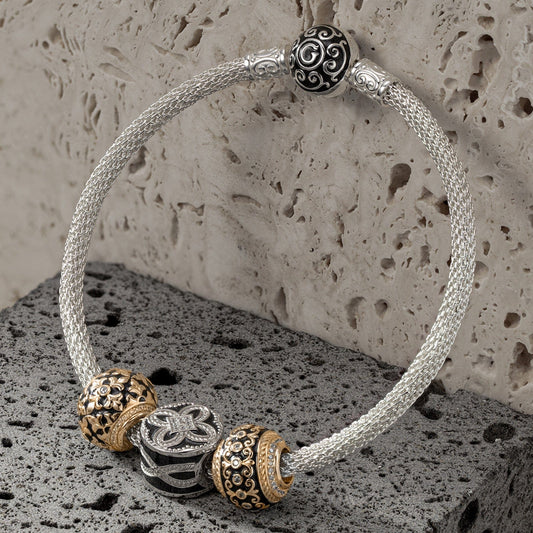 gona- Sterling Silver XL Size Prosperity Charms Bracelet Set With Enamel In White Gold Plated For Men (Includes bracelet and all charms shown)
