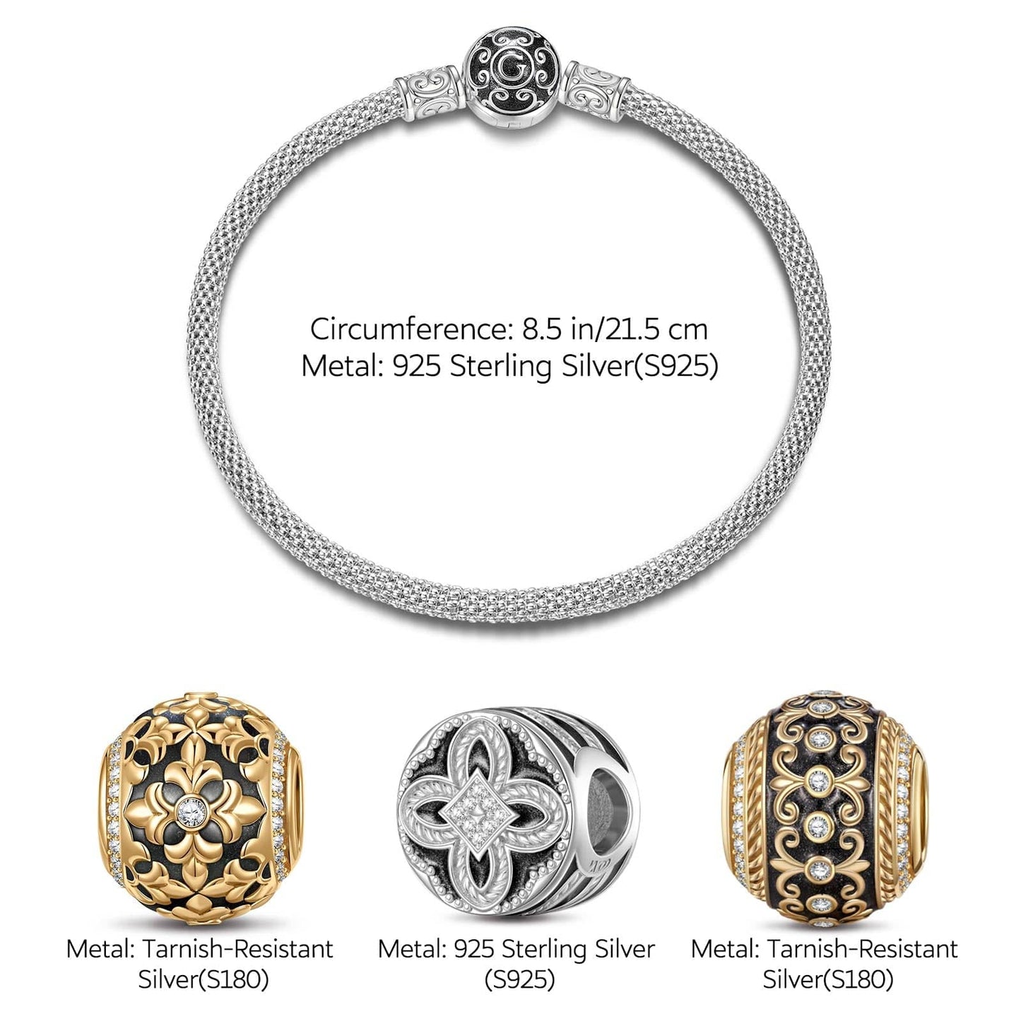 Sterling Silver XL Size Prosperity Charms Bracelet Set With Enamel In White Gold Plated For Men (Includes bracelet and all charms shown)