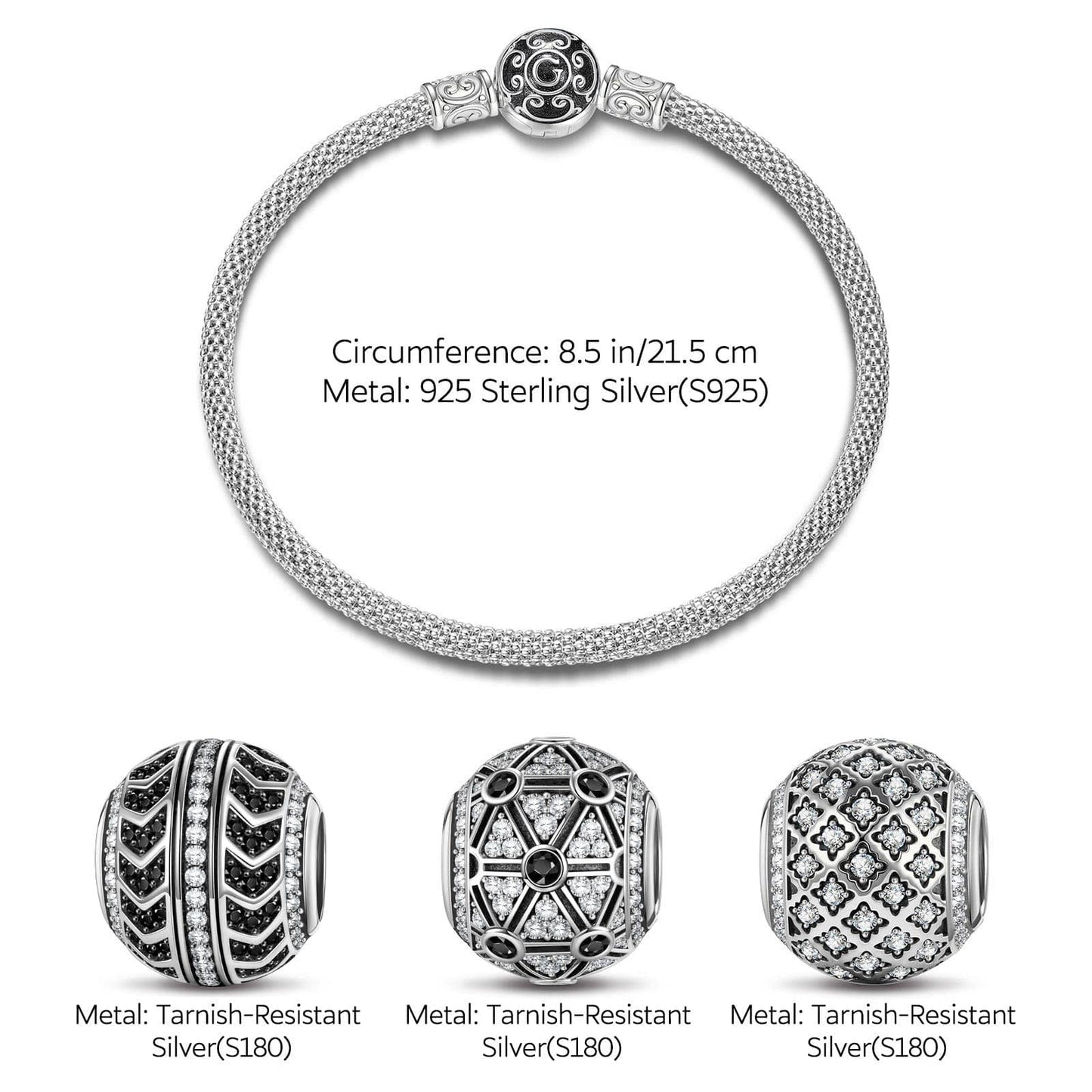 Sterling Silver XL Size Fission Charms Bracelet Set With Enamel In White Gold Plated For Men (Includes bracelet and all charms shown)