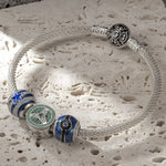 Sterling Silver XL Size StarDrive Charms Bracelet Set With Enamel In White Gold Plated For Men (Includes bracelet and all charms shown)