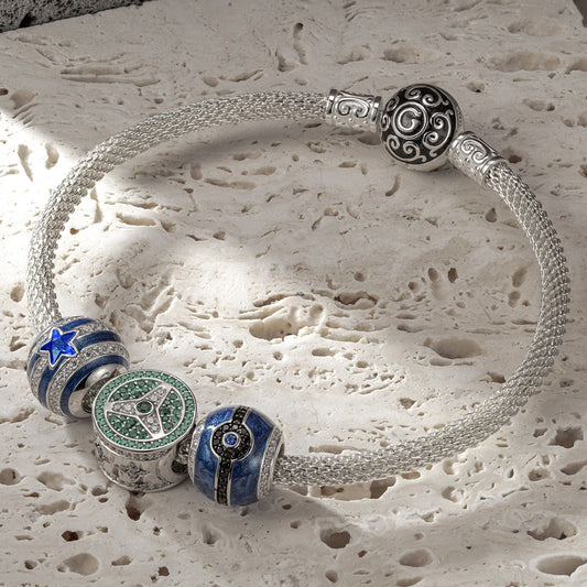 gona- Sterling Silver XL Size StarDrive Charms Bracelet Set With Enamel In White Gold Plated For Men (Includes bracelet and all charms shown)