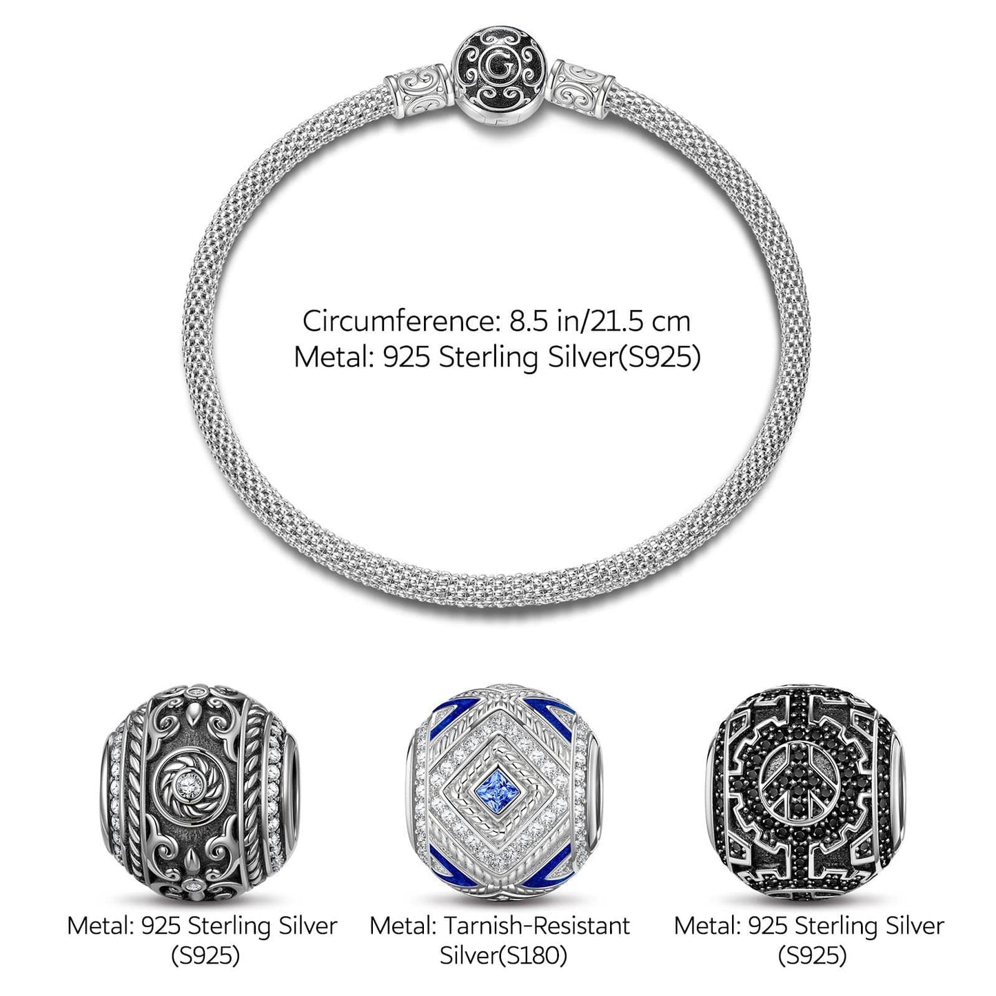 Sterling Silver XL Size Peace Charms Bracelet Set With Enamel In White Gold Plated For Men (Includes bracelet and all charms shown)