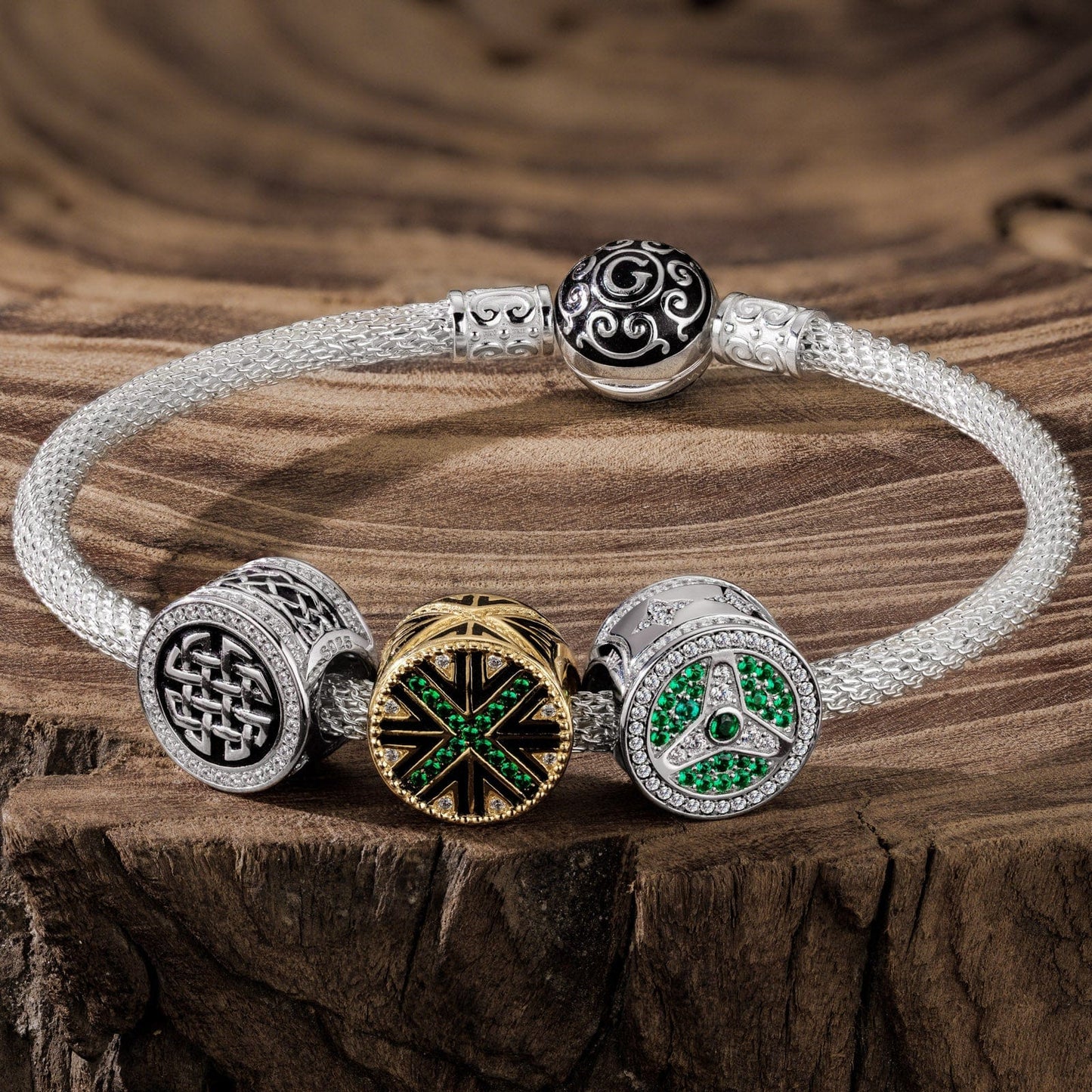 Sterling Silver The Internal Power XL Size Charms Bracelet Set With Enamel In White Gold Plated For Men (Includes bracelet and all charms shown)