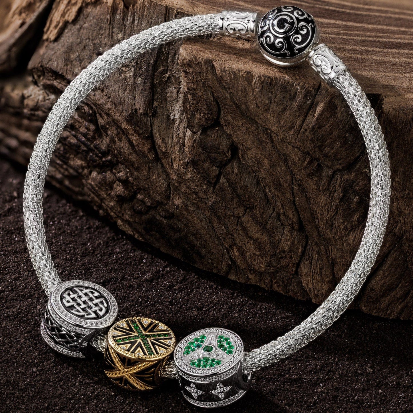 Sterling Silver The Internal Power XL Size Charms Bracelet Set With Enamel In White Gold Plated For Men (Includes bracelet and all charms shown)