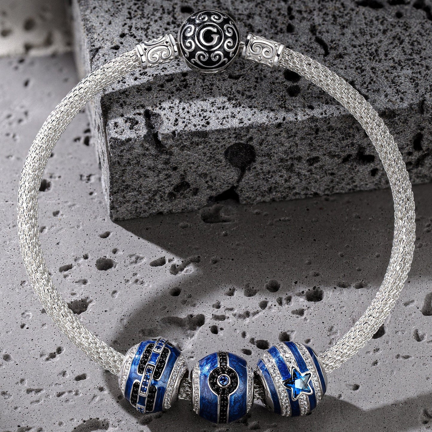 Sterling Silver Cyberpower XL Size Charms Bracelet Set With Enamel In White Gold Plated For Men (Includes bracelet and all charms shown)