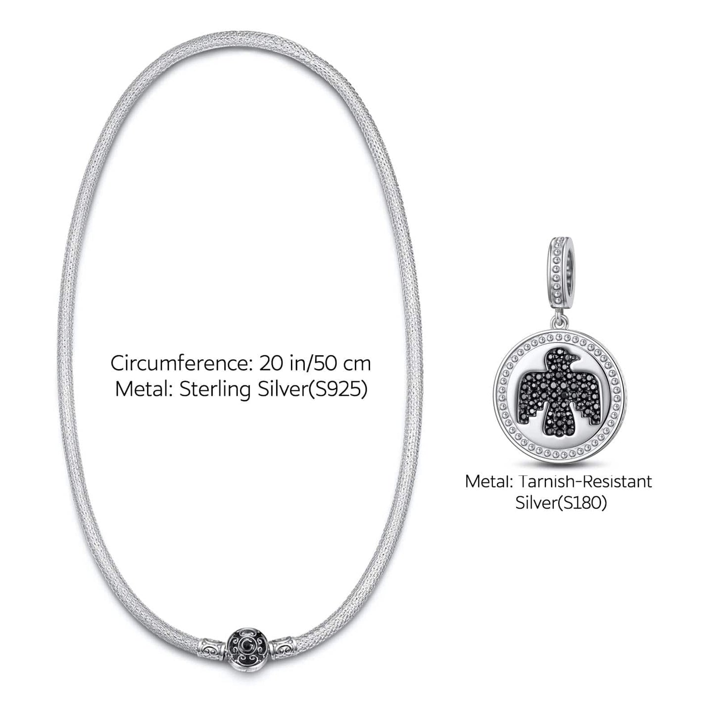 Sterling Silver Thunderbird XL Size Charms Necklace Set With Enamel In White Gold Plated For Men