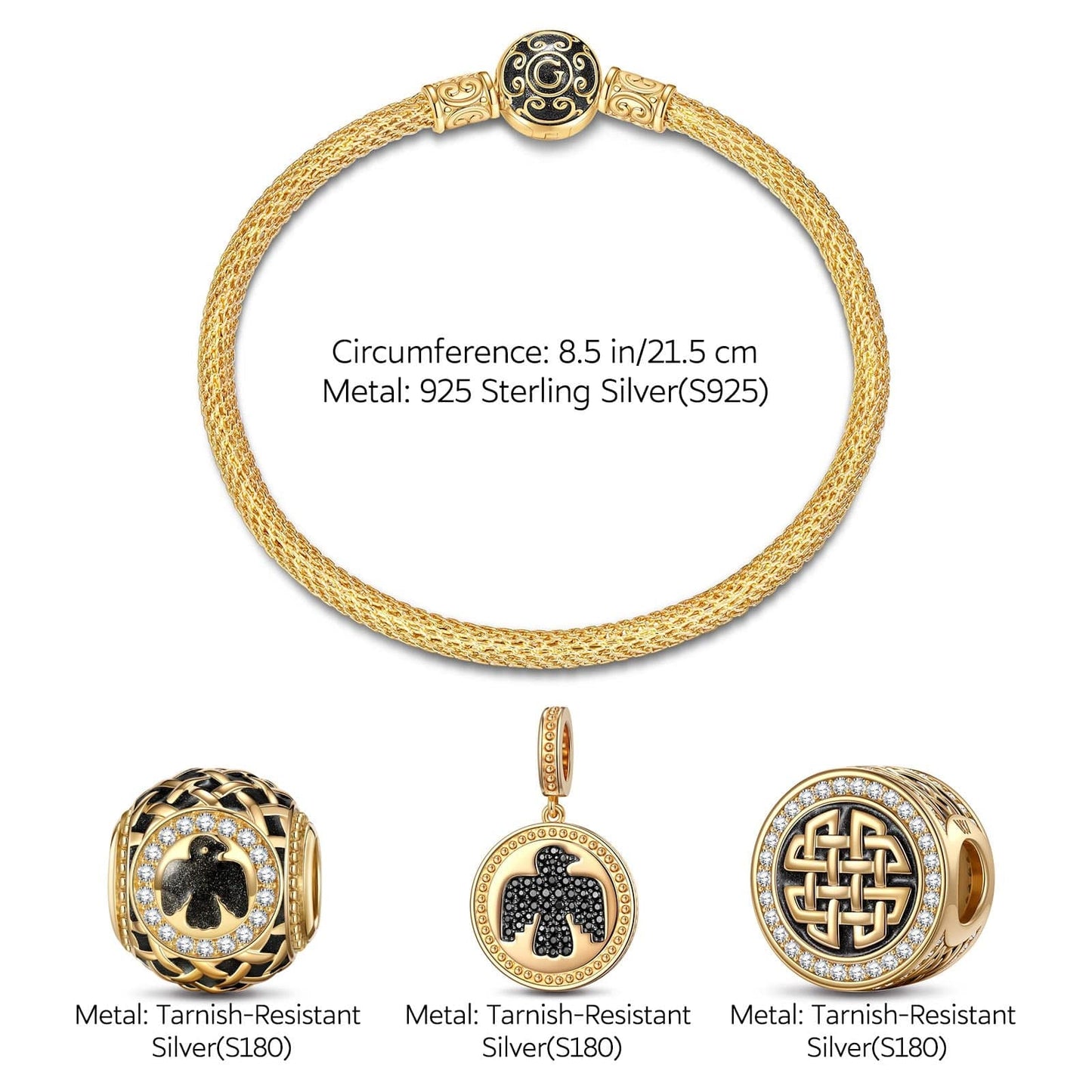 Sterling Silver XL Size Thundercloud Elf Charms Bracelet Set With Enamel In 14K Gold Plated For Men (Includes bracelet and all charms shown)