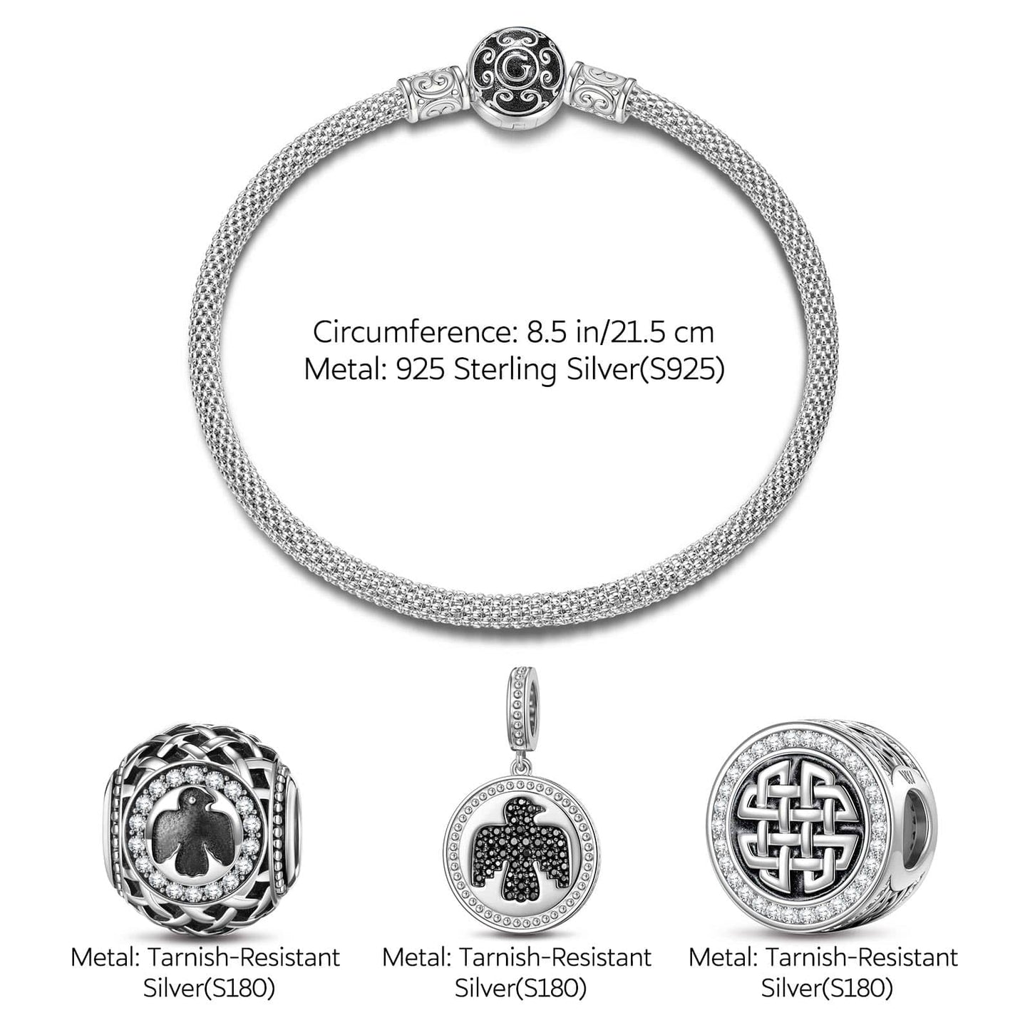 Sterling Silver XL Size Thundercloud Elf Charms Bracelet Set With Enamel In White Gold Plated For Men (Includes bracelet and all charms shown)