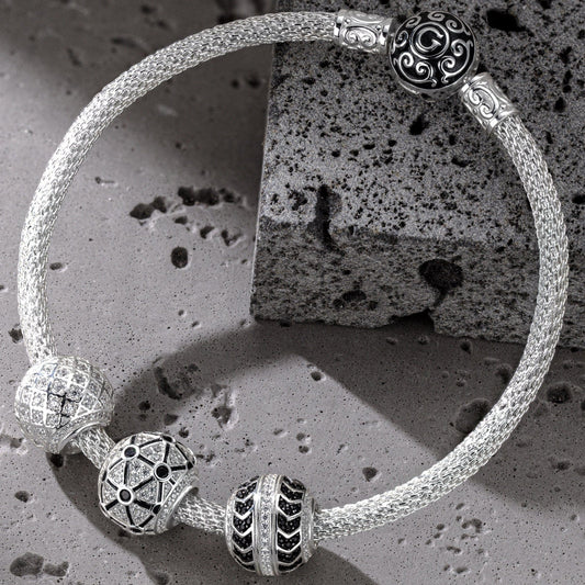 gona- Sterling Silver Speed and Power XL Size Charms Bracelet Set In White Gold Plated For Men (Includes bracelet and all charms shown)