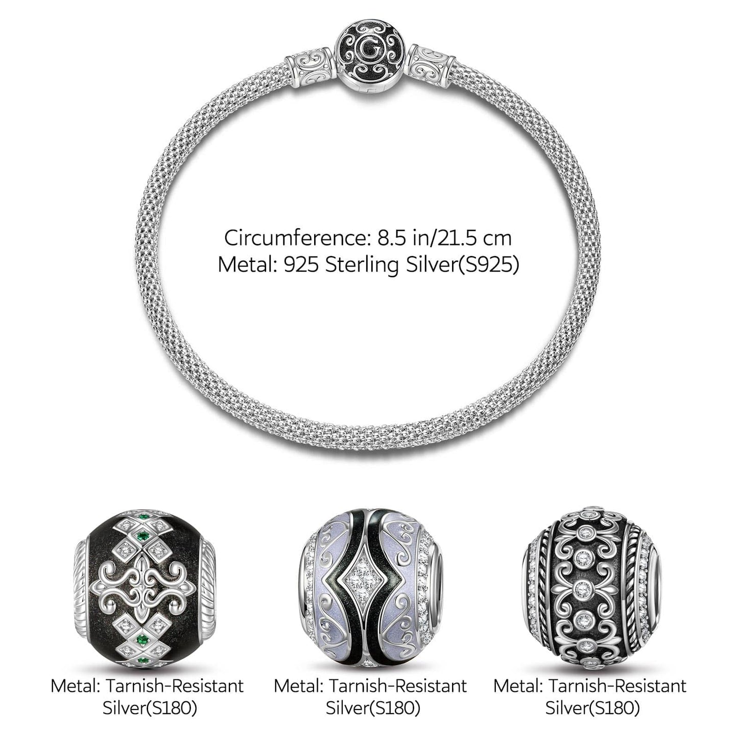 Sterling Silver XL Size Life and Recovery Charms Bracelet Set With Enamel In White Gold Plated For Men (Includes bracelet and all charms shown)