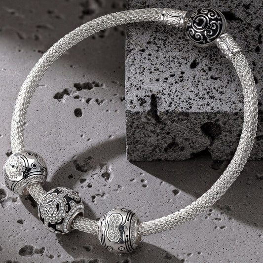gona- Sterling Silver Cybernetic Mech XL Size Charms Bracelet Set With Enamel In White Gold Plated For Men (Includes bracelet and all charms shown)