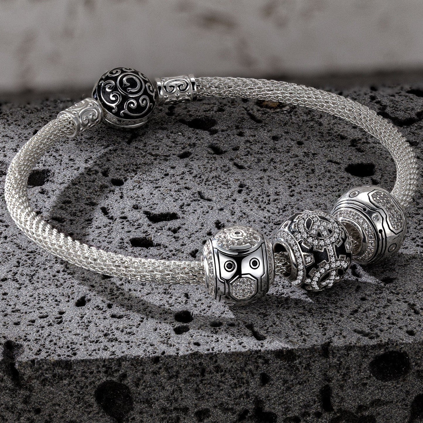 Sterling Silver Cybernetic Mech XL Size Charms Bracelet Set With Enamel In White Gold Plated For Men (Includes bracelet and all charms shown)