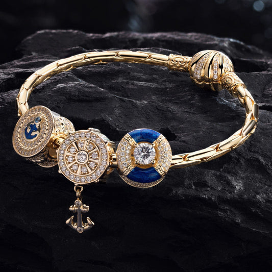 gona- Sterling Silver The captain And His Sailors Charms Bracelet Set With Enamel In 14K Gold Plated (Includes bracelet and all charms shown)