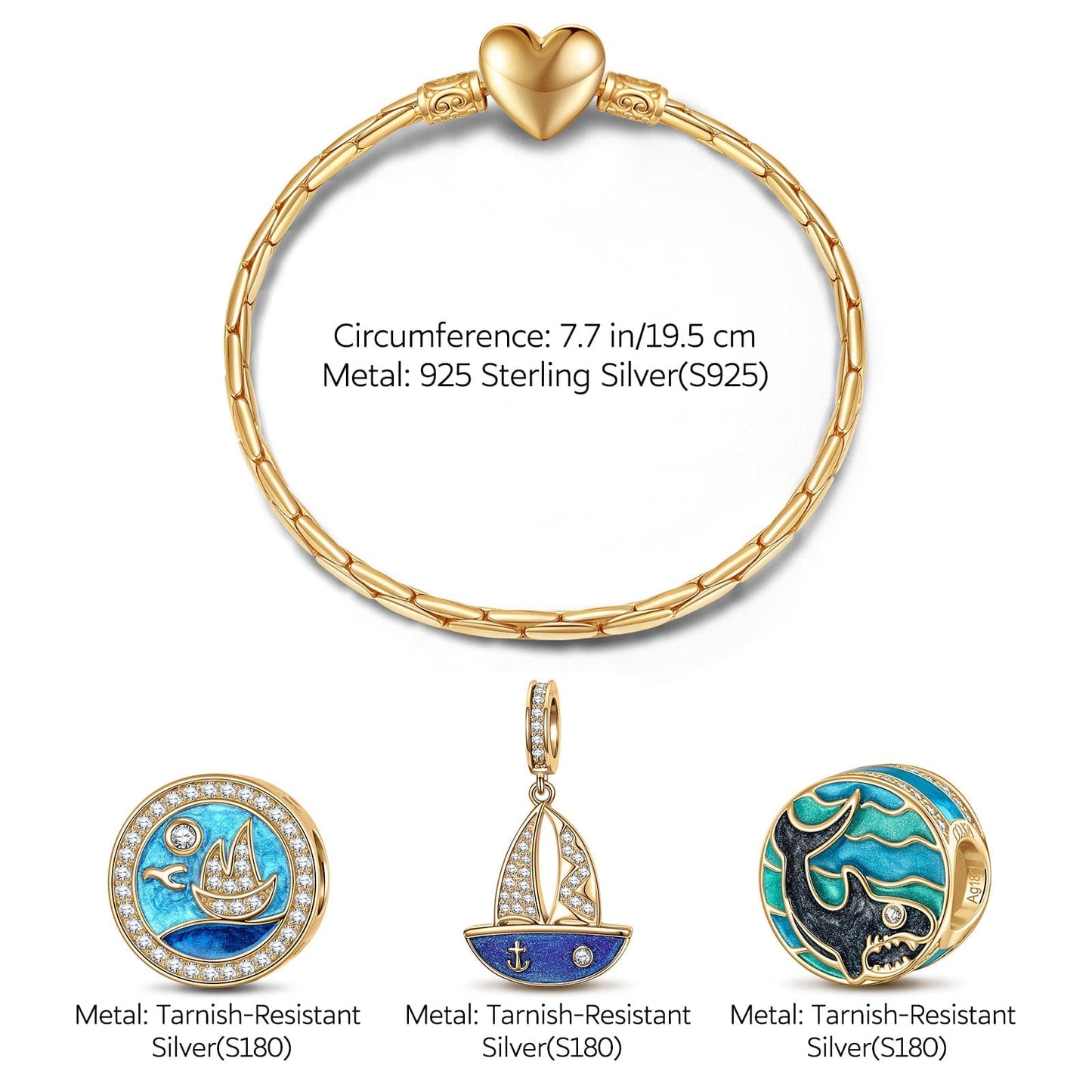 Sterling Silver Voyage Charms Bracelet Set With Enamel In 14K Gold Plated (Includes bracelet and all charms shown)