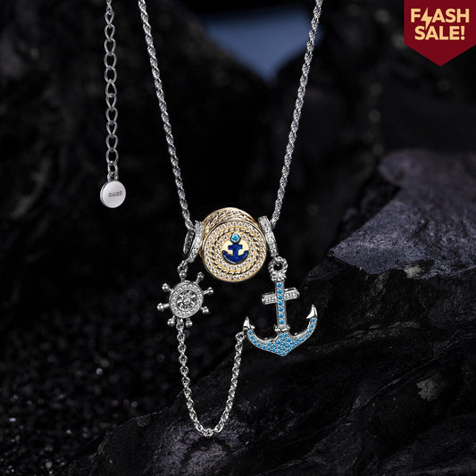 gon- Sterling Silver Anchor And Helm Charms Necklace Set With Enamel, Featuring Dual Plating in White Gold and 14K Gold